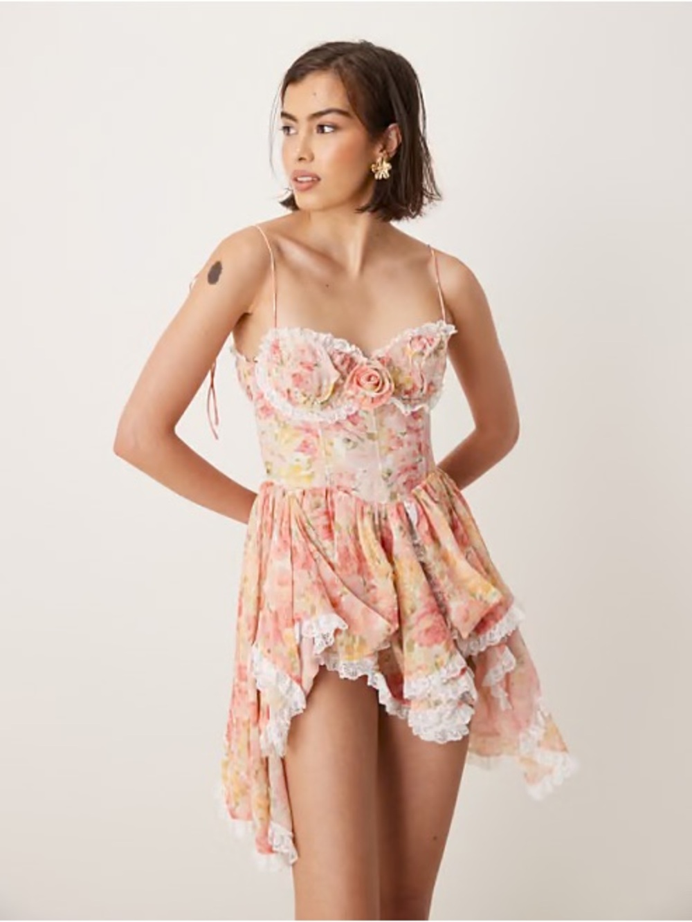 For Love & Lemons Pink Floral High-Low Corset Dress